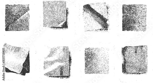 Eight black and white textured abstract shapes with rough edges and varied line patterns vector