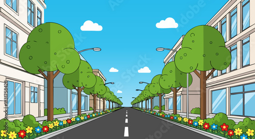 Car-free street on sunny day, landscaped city avenue with pedestrian friendly street and car-free urban corridor, suitable for poster design, article header, and eco-themed product mockup.