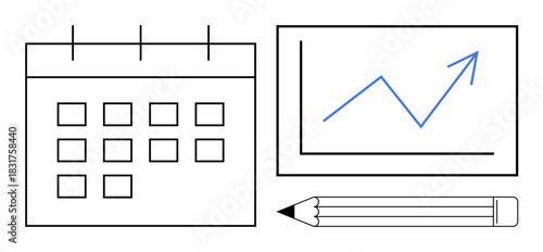 Calendar, upward-trending chart, and pencil highlight concepts of scheduling, planning, progress tracking, goal setting, time management, business strategy, and productivity in a simple flat metaphor