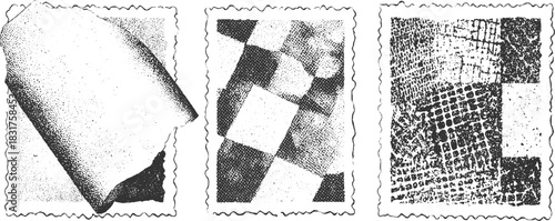 Three black and white textured postage stamp designs with serrated edges vintage retro