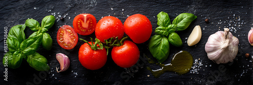 Obraz  z motywem Flat lay of italian food ingredients tomato basil garlic and oil on slate