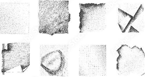 Collection of eight black and white textured graphic elements with distressed paper and abstract patterns