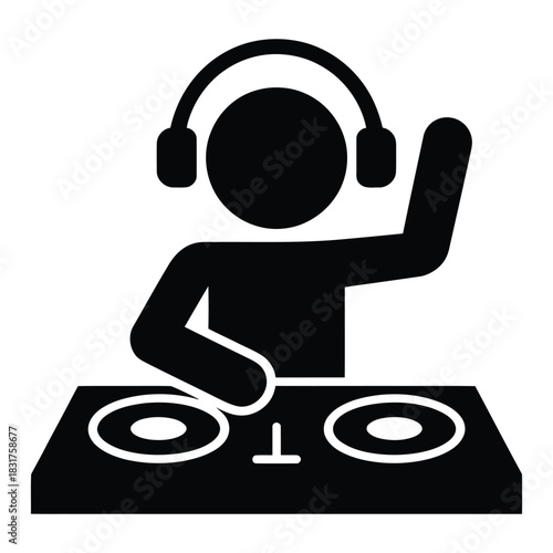 Black silhouette icon of a disc jockey wearing headphones mixing music on a turntable or mixer board with one hand raised