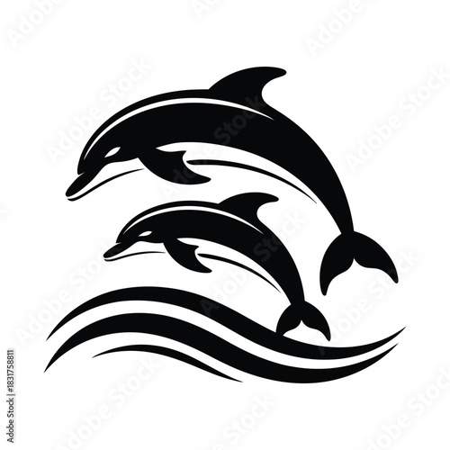 Black and white silhouette graphic of two dolphins jumping over ocean wave