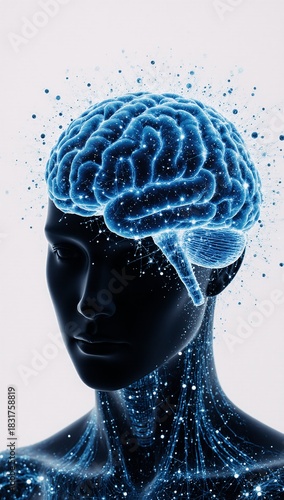 Concept art of a glowing blue brain with particles and sparks representing artificial intelligence on a white background