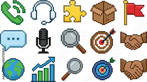 Pixel art business icons, communication tools, productivity symbols, puzzle, chart, handshake, globe, microphone, magnifying glass, target, headset