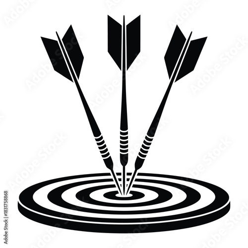 Three black and white darts hitting the bullseye of a target, symbolizing success, accuracy, and goal achievement in a simple graphic illustration