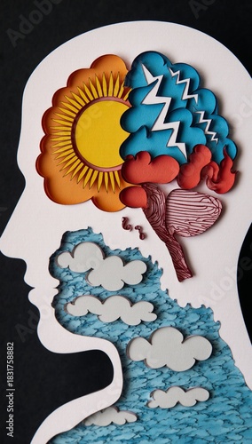 Layered paper cut depicting a brain with alternating sun and storm symbols symbolizing bipolar disorders highs and lows
