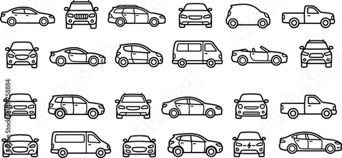 Vehicle icons set, car types, sedan, SUV, hatchback, van, convertible, pickup truck, automotive silhouettes, black line art, transport