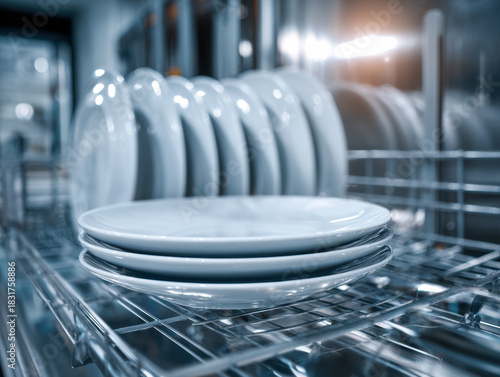 A collection of clean white ceramic plates stacked on a stainless steel rack with bright kitchen light reflecting on the surface in a professional dishwashing area