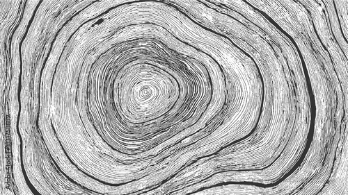 Black and white wood grain texture with concentric rings and organic lines background pattern