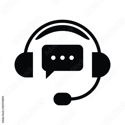 Black and white icon representing customer service or technical support featuring a headset with a microphone and a speech bubble containing an ellipsis