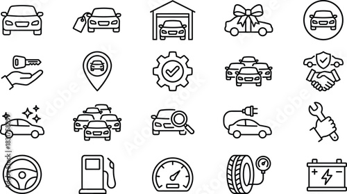 Automotive service icons, car maintenance, dealership tools, warranty, inspection, electric vehicle, fuel, battery, speedometer, garage, black line art