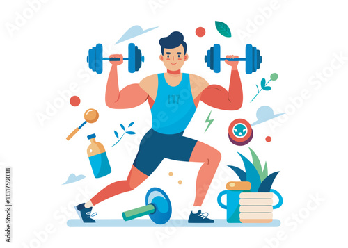 Fitness workout vector illustration with weightlifting running and pushups exercises for healthy lifestyle illustration logo creative icon on white background