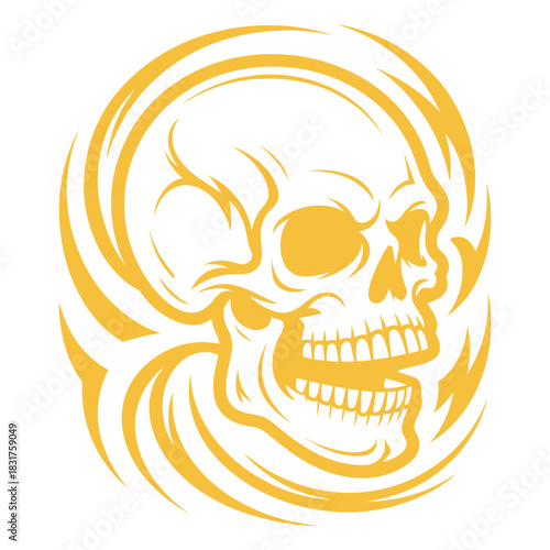 Stylized yellow tribal design featuring a detailed human skull with swirling abstract elements around it