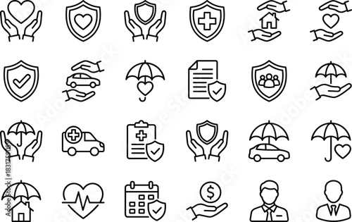 Insurance icons set, protection symbols, healthcare graphics, shield, heart, umbrella, house, car, medical kit, document, pixel line art