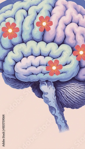 Illustrated brain filled with calming flowers and soft peaceful colors represents mental health balance
