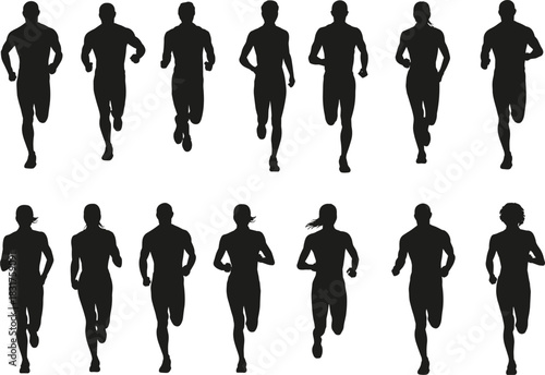 Running silhouette set, athletic motion, diverse runners, black vector figures, ponytail, muscular build, fitness pose, sports form, isolated characters, biomechanics study