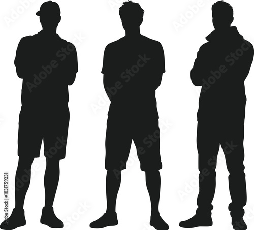 Silhouette of three men, casual and urban fashion, standing side by side, unique postures, streetwear style, youth culture, attitude, diversity