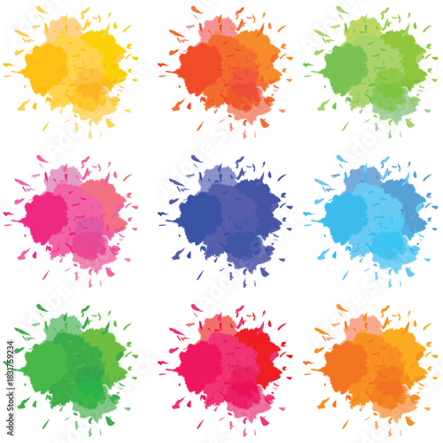 Nine vibrant watercolor splashes in a variety of bright colors arranged neatly