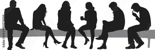 Silhouettes of six people sitting, bench posture variety, casual poses, holding cups, phone interaction, relaxed mood, urban lifestyle, diversity