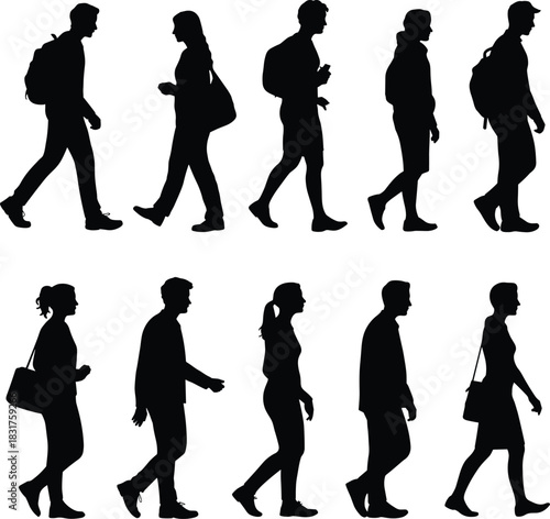 Walking silhouette set, diverse human poses, black vector figures, backpack, casual walk, motion study, gait analysis, urban style, people movement, isolated characters