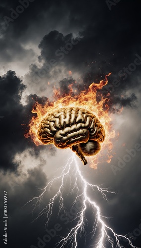 Exploding golden brain in stormy fiery sky