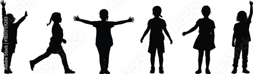 Silhouettes of six children, playful poses, dynamic movement, expressive stances, pointing, running, standing, arms raised, casual posture, youth activity
