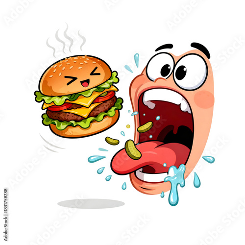 Exaggerated Craving Expression Facing a Steamy Hamburger with Cheerful Layers