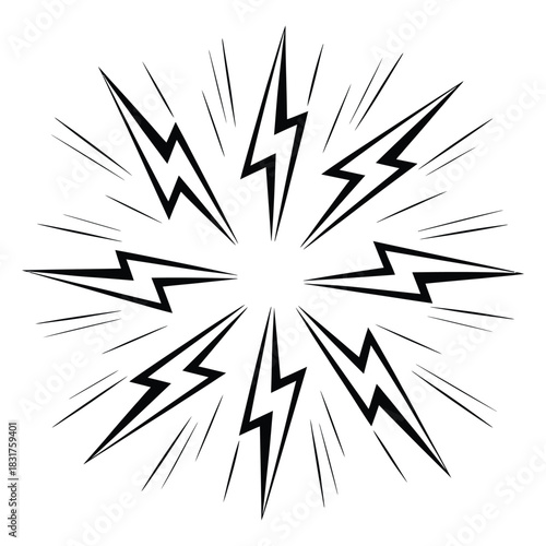 Black and white starburst design featuring multiple stylized lightning bolts radiating from a central point