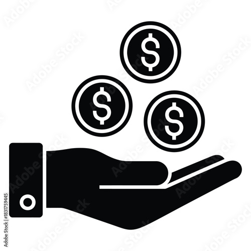 Black and white silhouette icon of a hand holding or receiving three dollar sign coins