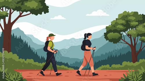 Two women hike with trekking poles in the mountains, enjoying nature and outdoor activities, vector illustration