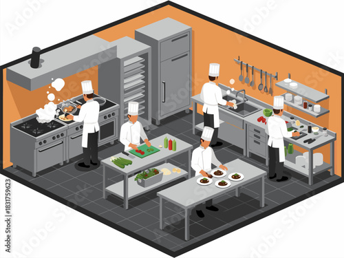 An isometric view of a bustling professional kitchen with chefs preparing food at various stations, showcasing a dynamic culinary environment
