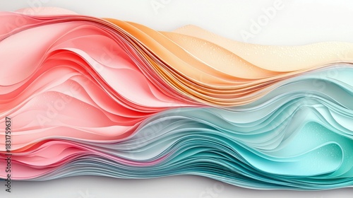 An abstract image featuring colorful, flowing waves in shades of pink, orange, and teal against a white background. The composition evokes a sense of movement a