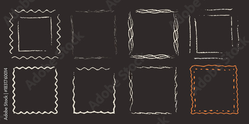 Set of eight hand drawn rectangular frames on dark background