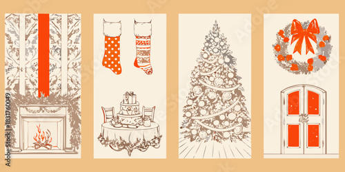 Festive christmas illustrations with fireplace tree wreath and stockings