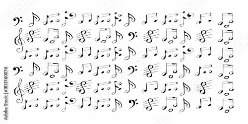 Hand drawn musical notes and symbols on a white background