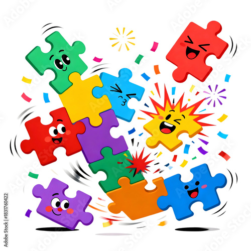 Colorful Puzzle Pieces with Expressive Faces in a Festive and Dynamic Composition