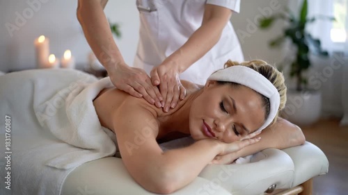 Female chiropractor therapist doing back massage to a woman patient inside her studio - Healthcare, wellness and healthy lifestyle concept - Models by AI generative