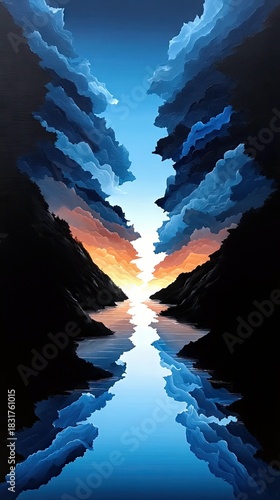 An abstract landscape painting featuring clouds, water, and mountains. The scene is lit by a sunset, creating reflections in the water.