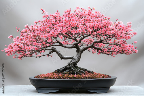 Blossoming Bonsai in Black Pot atop Sculpted Display Stands