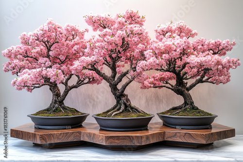 Blossoming Bonsai in Black Pot atop Sculpted Display Stands