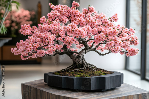 Decorative Bonsai with Blossoms Set on Geometric Pedestals