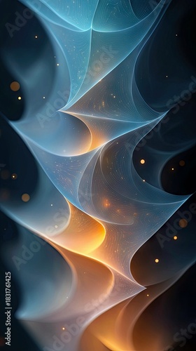 An abstract image featuring flowing lines and light, creating a sense of movement and depth against a dark background.