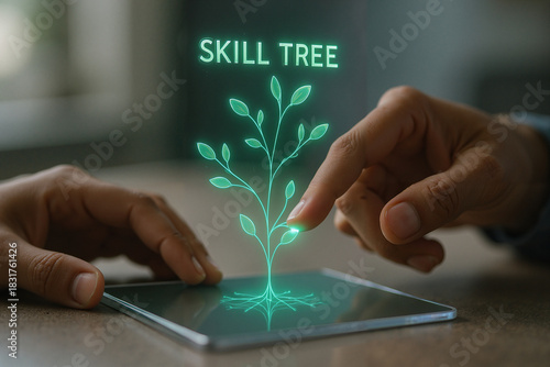 A hand touching a vibrant glowing skill tree on a digital tablet screen for personal development concept and future career growth