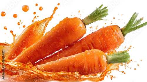  Whole and sliced carrots splashing in vibrant fresh juice with detailed motion and natural texture captured isolated on white background
