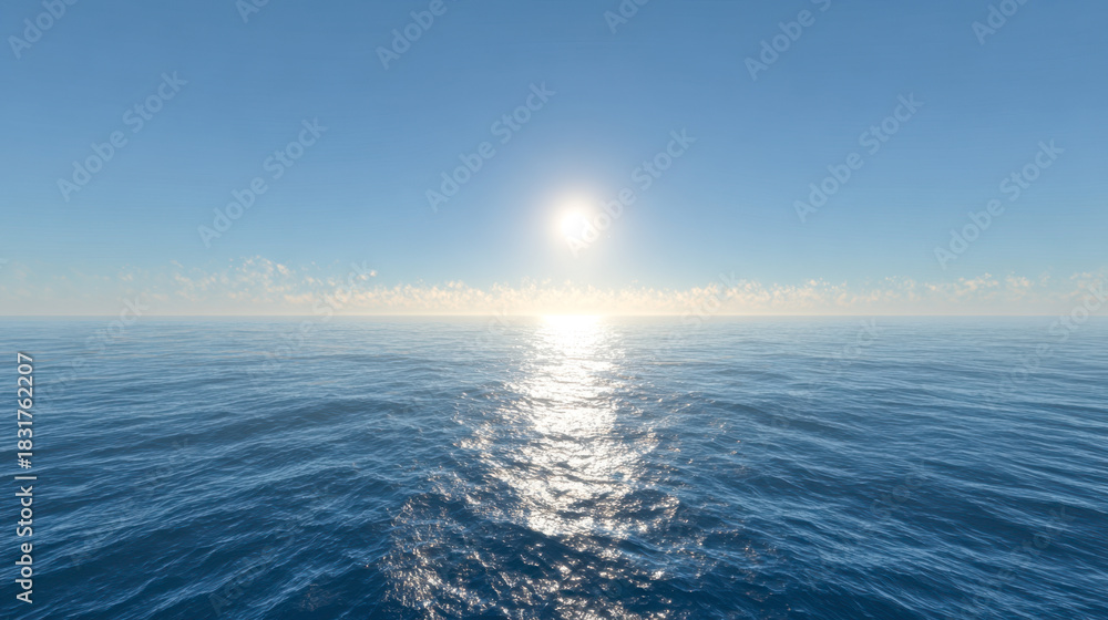 Obraz premium Tranquil endless ocean under a clear blue sky with sunlight reflecting off gentle waves at horizon during peaceful daytime