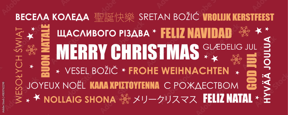 Fototapeta premium merry christmas greeting card with text in different languages vector illustration