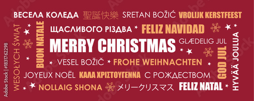 merry christmas greeting card with text in different languages vector illustration