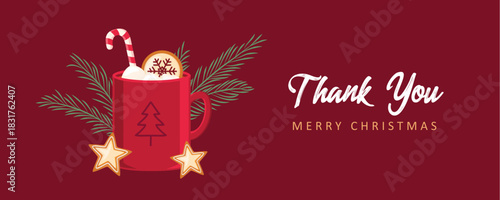 christmas winter cocoa drink cup with gingerbread star and candy cane vector illustration